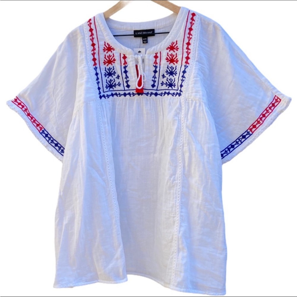 Lane Bryant White Tunic with Red and Blue Embroidery